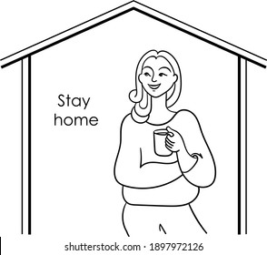 girl with a cup in her hands, vector character with a drink in her hands stands in a relaxed state and smiles in a house under a roof, stay at home illustration in the form of a sketch
