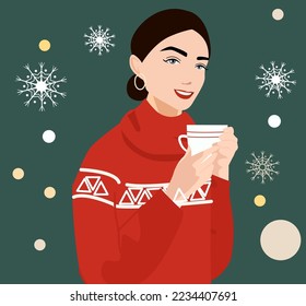 A girl with a cup of hot drink against the background of New Year's decor and snowflakes. Cosy, Christmas vector illustration. A woman in a warm red sweater drinks cocoa, mulled wine or coffee.