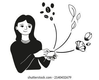 girl with a cup of hot drink, footnotes to choose from coffee, green or black herbal tea, red tea from saudi rose. Vector illustration for tearoom, cafeteria, coffee shop, restaurant, business