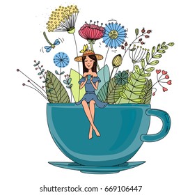 Girl with in a cup with plants.