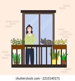 Una chica con una taza se para en el balcón y mira al gato. Flores y plántulas en cajas. El jardín verde y un lugar para relajarse en el apartamento. Ilustración vectorial. 