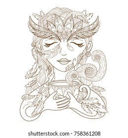 Girl with a cup of tea. Lady-owl wakes up to the smell of coffee. Linear drawing. Coloring book for adults
