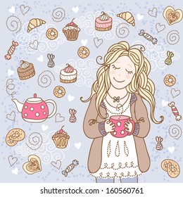 Girl with a cup of tea and many delicious sweets