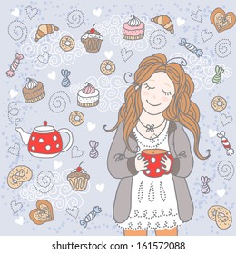 Girl with a cup of tea and many delicious sweets