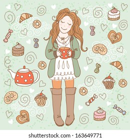 Girl with a cup of tea and many delicious sweets