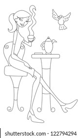 Girl with Cup of Tea Sketch Vector