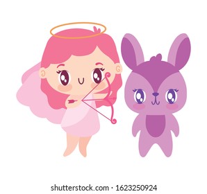 Girl cupid and rabbit cartoon design of love passion romantic valentines day wedding decoration and marriage theme Vector illustration