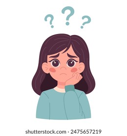 Girl with a curious gesture with a question mark above her head. Concept of surprise, doubt, person, thoughtful character, emotional expression. Flat vector illustration.