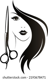 Girl with curls of hair. Scissors and comb stylist. Beauty salon and barbershop symbol