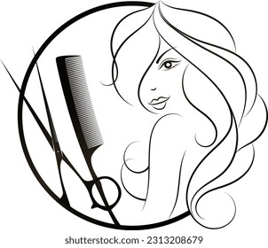 Girl with curls of hair, scissors and a comb. Round badge with edge. Hair salon and beauty salon design