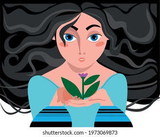 Girl with curly black hair holding a flower on a white background
