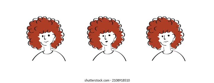 A girl with curly dark hair with different emotions