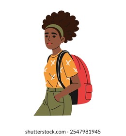 Girl with curly hair and backpack. High school student. Education concept. Hand drawn style.