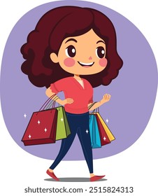 a girl with curly hair carrying lots of shopping bags happily
