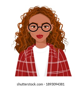 Girl With Curly Hair In A Checkered Shirt. Beautiful Young Beauty In Round Glasses. Girl Avatar, Vector Illustration In Flat Style.