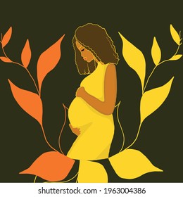 A girl with curly hair, dark skin, pregnant, strokes her belly like a flower blooms, around the leaves. Vector graphics 