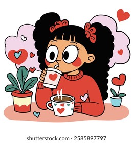 girl with curly hair enjoys warm drink, surrounded by heart motifs and plants, creating cozy and cheerful atmosphere