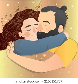 a girl with curly hair and a guy with a beard and dark hair in a bun lie hugging on the bed. cute romantic illustration. couple in love