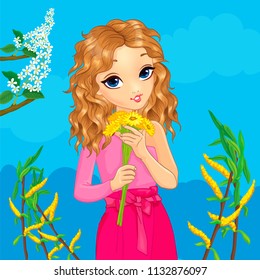 Girl with curly hair in pink suit holds bouquet of flowers on spring background