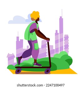 A girl with curly hair rides a scooter against the backdrop of skyscrapers. Vector illustration in a flat style.