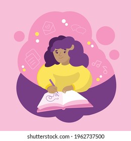 Girl with curly hair in yellow sweatshirt journaling or drawing expressing feelings on paper sharing positive emotions 