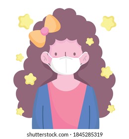 girl with curly long hair and medical mask character cartoon new normal vector illustration