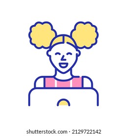 Girl with curly ponytails using a laptop. Pixel perfect, editable stroke fun color icon