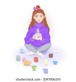 a girl with curly red hair sits on the floor with crossed legs holding a cup of hot tea or coffee in her hands, a woman with a warm fluffy purple sweater and green eyes