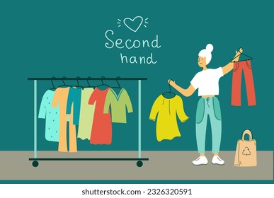 Girl customer buying clothes.  Woman shopping in flea market or second hand shop. Eco sustainable fashion concept.Cheap garage sale, second hand shop. Flat vector cartoon illustration