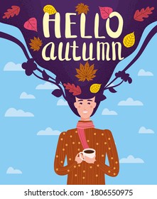 Girl cut and cheerful in a brown sweater drinks a cup of tea or coffee with autumn leaves. Lettering Hello Autumn, leaves yellow, orange. Vector illustration card banner template