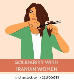 Girl cut hair for solidarity with iranian women protest for freedom. Women allyship against violence discrimination in Iran. International support for human rights all the world. Vector illustration.