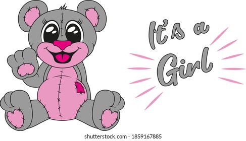 It's a girl, cute baby bear, pink and gray, newborn design, smiling teddy girl