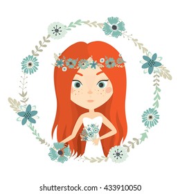 Girl. Cute beautiful young woman. Girlfriend. Vector illustration  with cute girl  and tender flowers and herbs. Summer