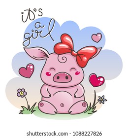 It is a girl. Cute cartoon pig in love. Symbol of New 2019 Year. Chinese horoscope