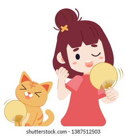 The girl and cute cat are use a fan in flat vector style. Illustration about how to relieve the heat.