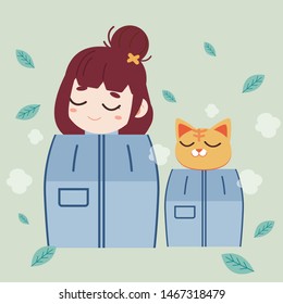 The girl and cute cat use the steaming sauna machine for healthcare in flat vector style. Illustration about spa
for graphic,content , banner.