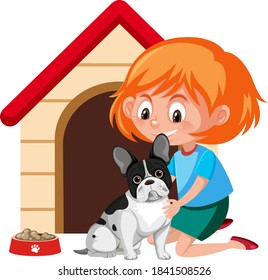 A girl with cute dog and dog house on white background illustration