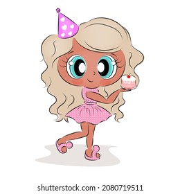 Girl cute drawn with cake and cap for birthday clipart for the holidays printable products greeting cards greeting letters editable Vector illustration