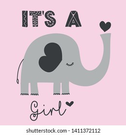 It's a girl - cute elephant  decoration. Little elephant set, posters for nursery room, greeting cards, kids and baby clothes. Isolated vector.