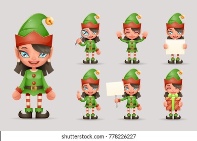 Girl Cute Elf Christmas Santa Teen Icons New Year Holiday 3d Cartoon Characters Icons Realistic Set Design Vector Illustration