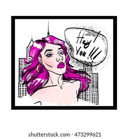 Girl cute fashion pop art picture isolated. Girl in New York city.