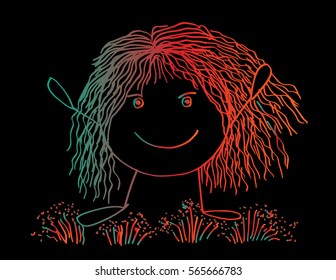 Girl cute and happy in the garden. Hand drawing illustration. 