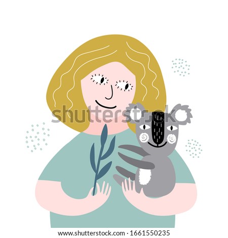 girl with cute koala flat hand drawn color vector illustration