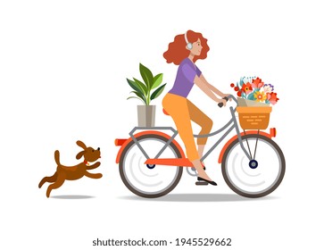 Girl with a cute puppy and flowers on a bicycle. Illustration in flat style.