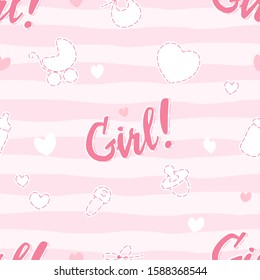 Its A Girl Cute Seamless Pattern On Pink Background With Doodle Elements For Newborn, Editable Vector Illustration For Kids Apparel, Fabric, Textile, Nursery Decoration, Wrapping Paper