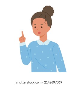 A girl in a cute shirt is pointing at something with her finger. flat design style vector illustration.