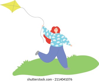 Girl in cute sweater running with kite. Summer outdoor activity vector