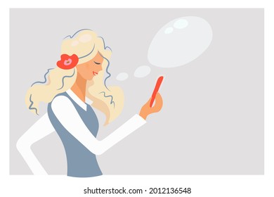 Girl cute talking on the phone. Young woman using smartphone looking for love via sms. Close up portrait of blonde. Flat vector illustration with speech bubble. Template for a banner, business card.