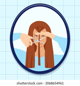 A girl cuts her hair with scissors in front of a mirror. The girl cuts her fringe. A young woman does her hair. Reflection in the mirror. Hairdresser. Vector illustration in flat style.