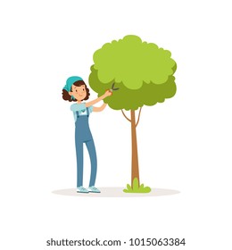 Girl cutting green tree using garden scissors. Volunteer at work. Cartoon teen in overall, t-shirt and bandana. Gardening concept. Social activist. Flat vector design